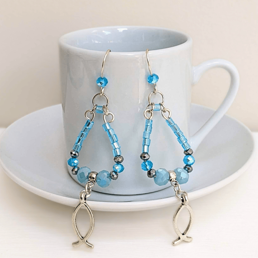 Boho Style Dangle Earrings In Pale Aqua with Fish Charm