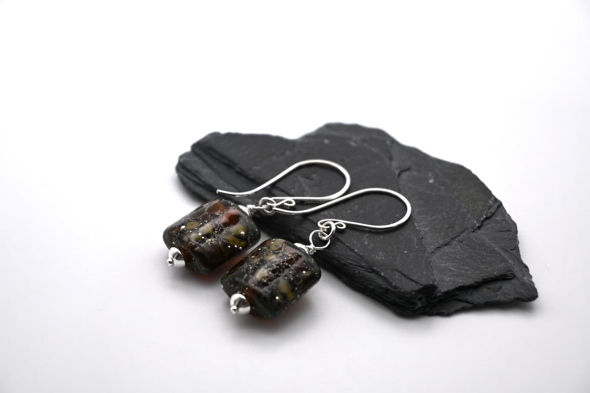 lampwork glass earrings, amber speckles