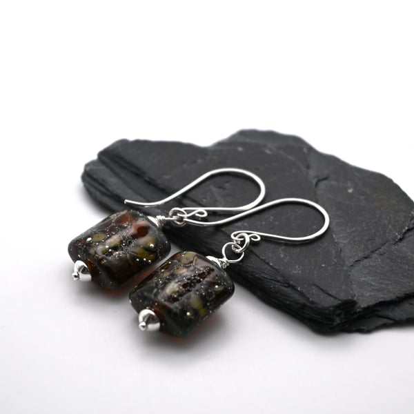 lampwork glass earrings, amber speckles