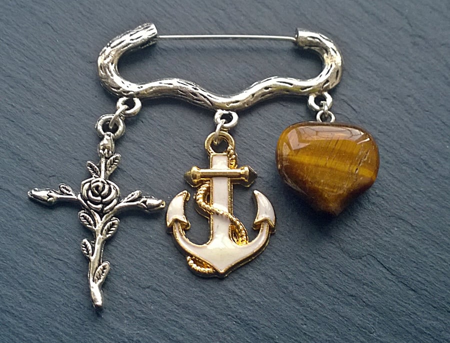 Faith, Hope and Charity Brooch Bag Dangle. Tiger's Eye Heart