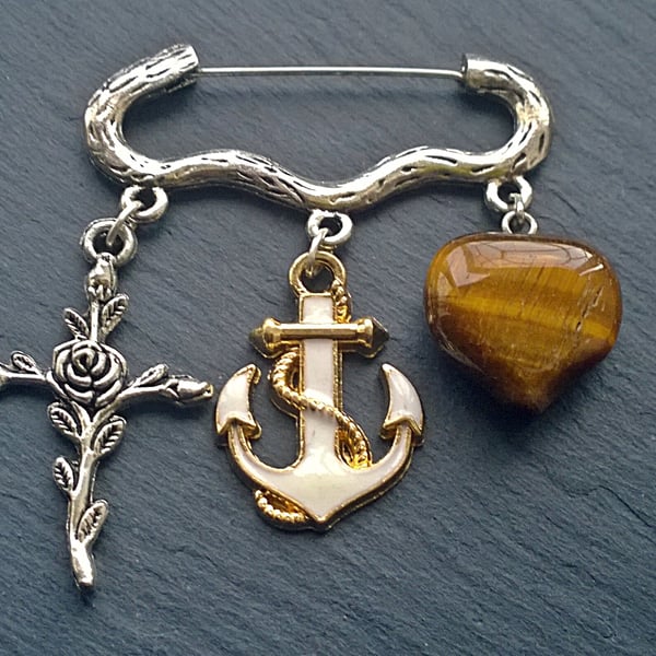 Faith, Hope and Charity Brooch Bag Dangle. Tiger's Eye Heart