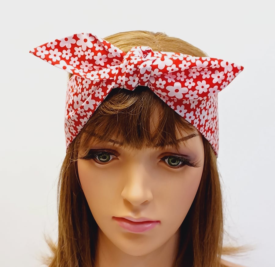 Floral head scarf, rockabilly hairband, self tie summer headband, hair tie