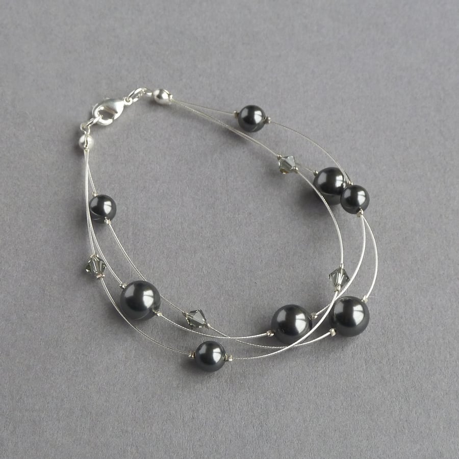 Black Pearl Multi-strand Bracelet - Dark Grey Floating Pearl Jewellery - Gifts