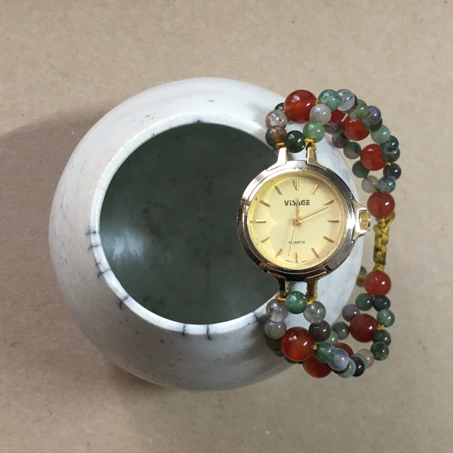 Upcycled Handmade Women Wrist Watch With Red Agate And Aventurine Watch Bracelet
