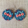 Floral Folk Pattern Earrings with Blue, Teal & Orange, Retro, Round