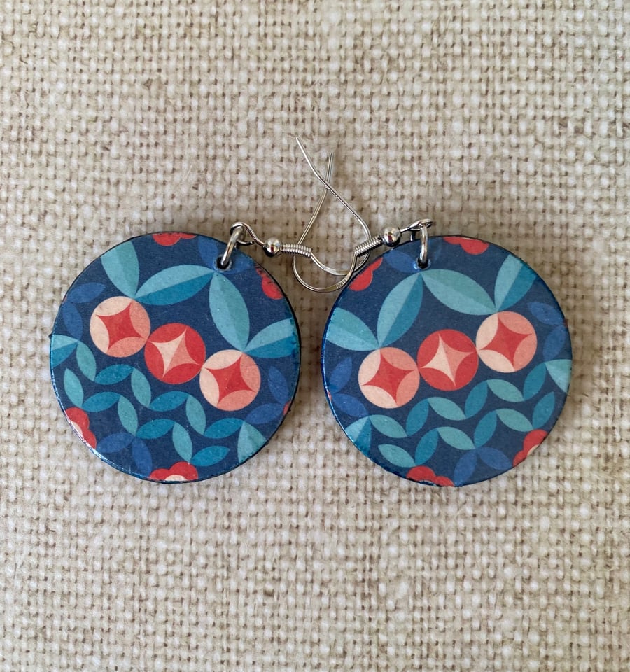 Floral Folk Pattern Earrings with Blue, Teal & Orange, Retro, Round