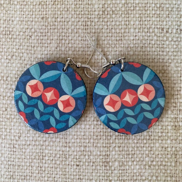 Floral Folk Pattern Earrings with Blue, Teal & Orange, Retro, Round