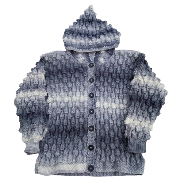 Unisex Knitted Jacket Hooded Cardigan 6-7 years Bobble Pattern Grey White Ombre