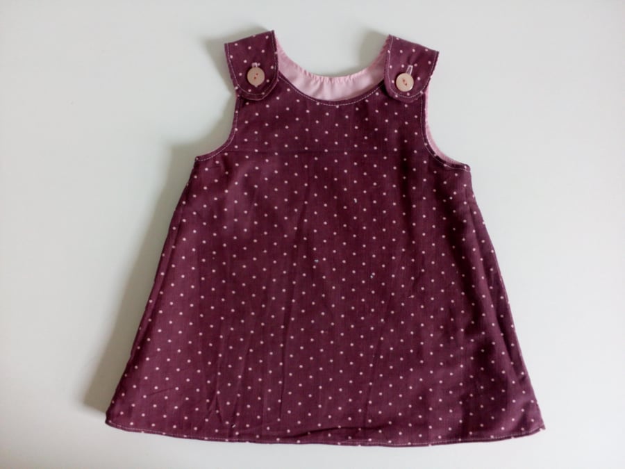 6-12 months, needlecord, A line dress, pinafore, pink polka dots, burgundy, 