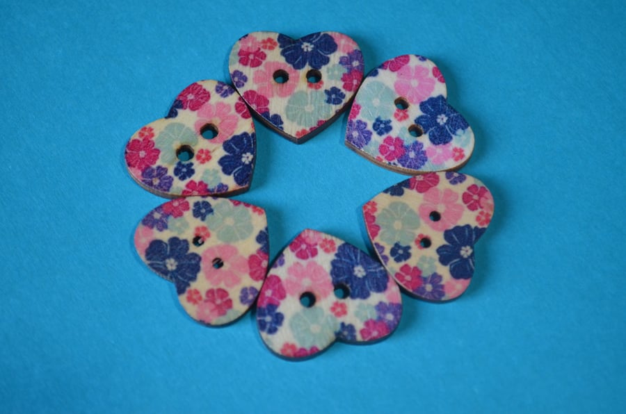 Wooden Heart Buttons Floral Purple Pink Turquoise Navy 6pk 25x22mm (H26)