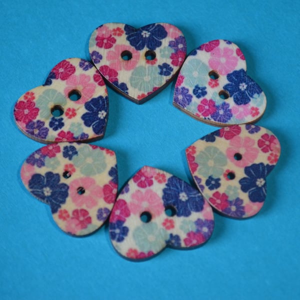 Wooden Heart Buttons Floral Purple Pink Turquoise Navy 6pk 25x22mm (H26)