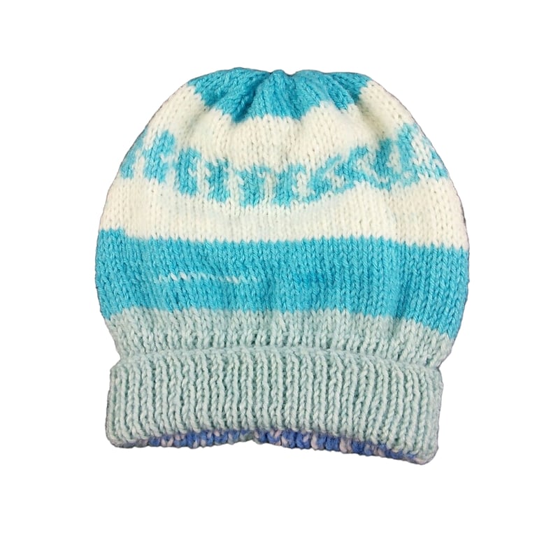 Blue and cream hand knitted aran baby hat 17 inch head 6 months  