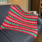 Hand Knitted Fair Isle Baby Blanket Red Green Cream Pram Blanket Christmas Gift