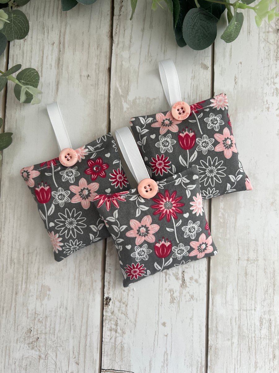 Lavender Sachets: Set of 3 in dark red & grey floral Cotton fabric, Sleep