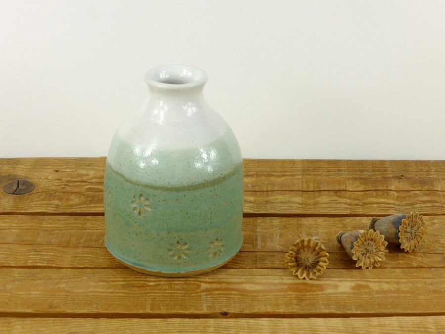 Bud Vase, Jade & White Glaze, Aster Imprints