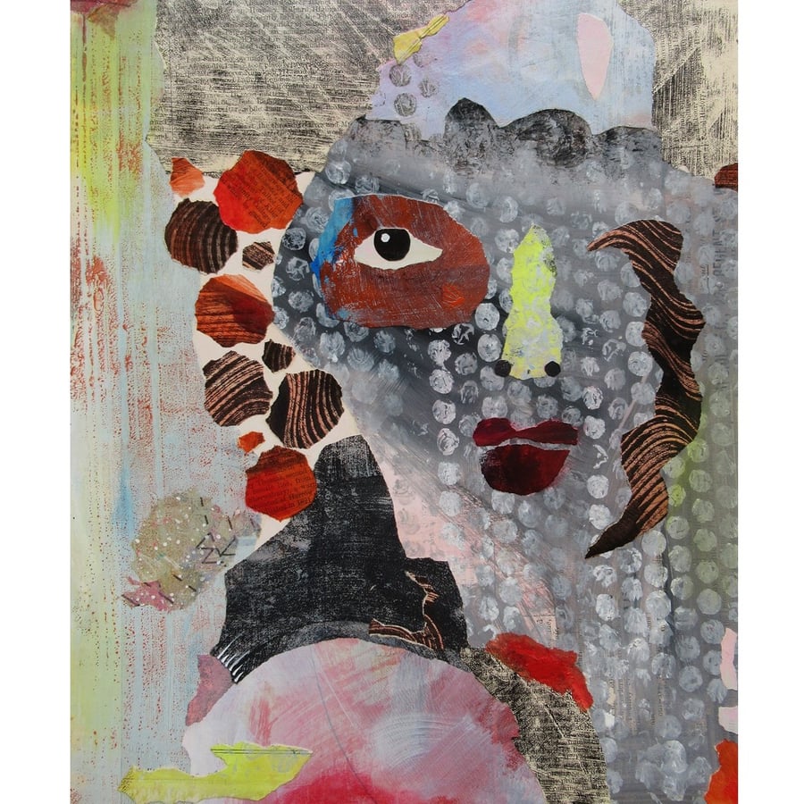 Mixed Media Portrait Painting Face Grey Orange Artwork Cut Paper Collage Art 