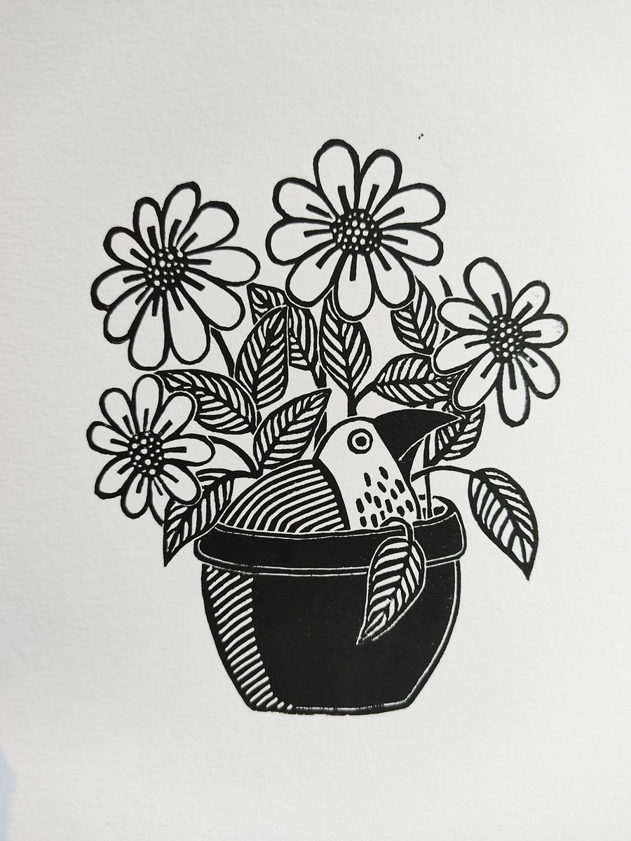 Original lino print, bird and flower pot