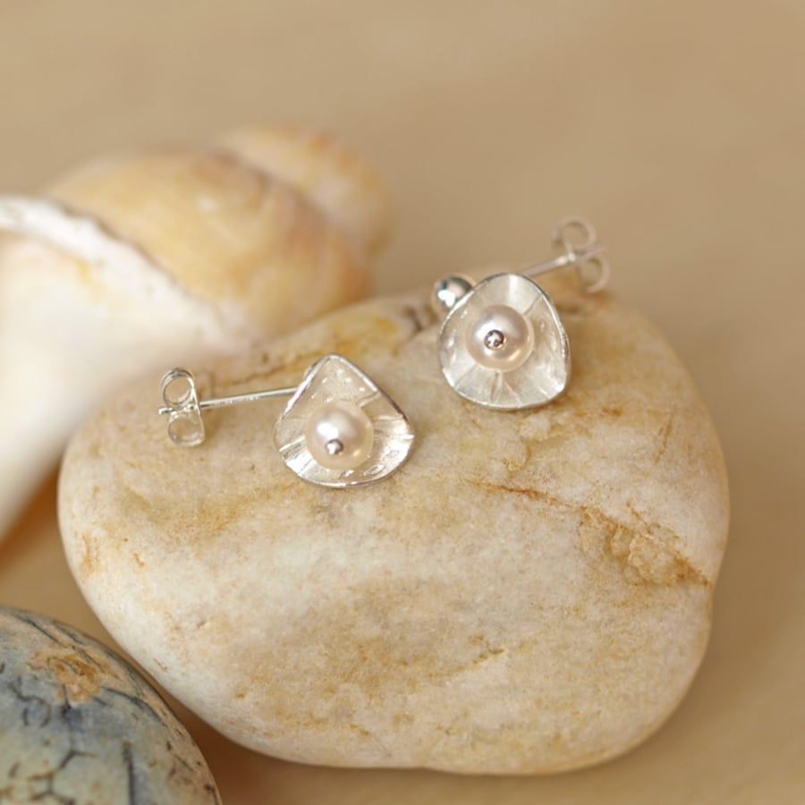 Fine Silver Little Button and Pearl Earrings, handmade jewellery gift for her
