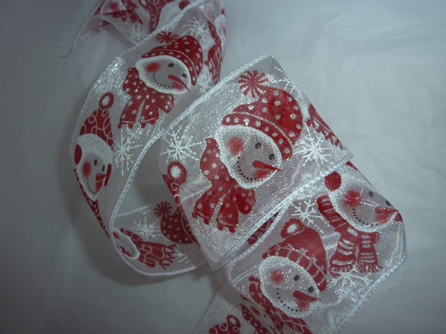 1 Metre Wire Edged Christmas Ribbon 63mm Red Sheer SnowMan