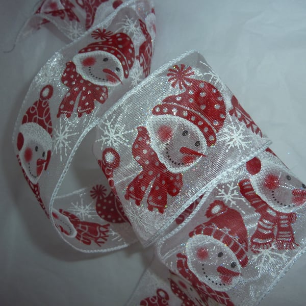 1 Metre Wire Edged Christmas Ribbon 63mm Red Sheer SnowMan