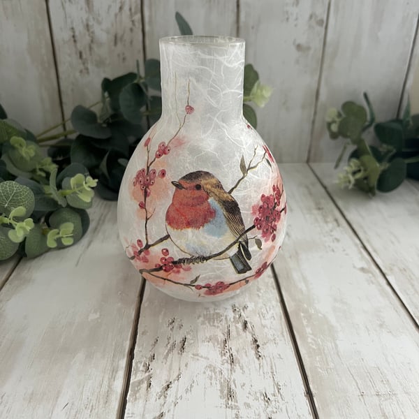 Decoupage Upcycled Glass Bud Shaped Vase - Robin in Blossom, Home Decor