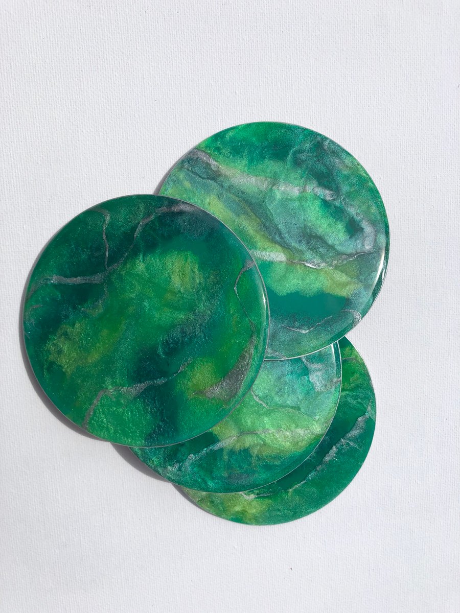 Green and silver, lightweight, round coasters, heat, scratch resistant resin