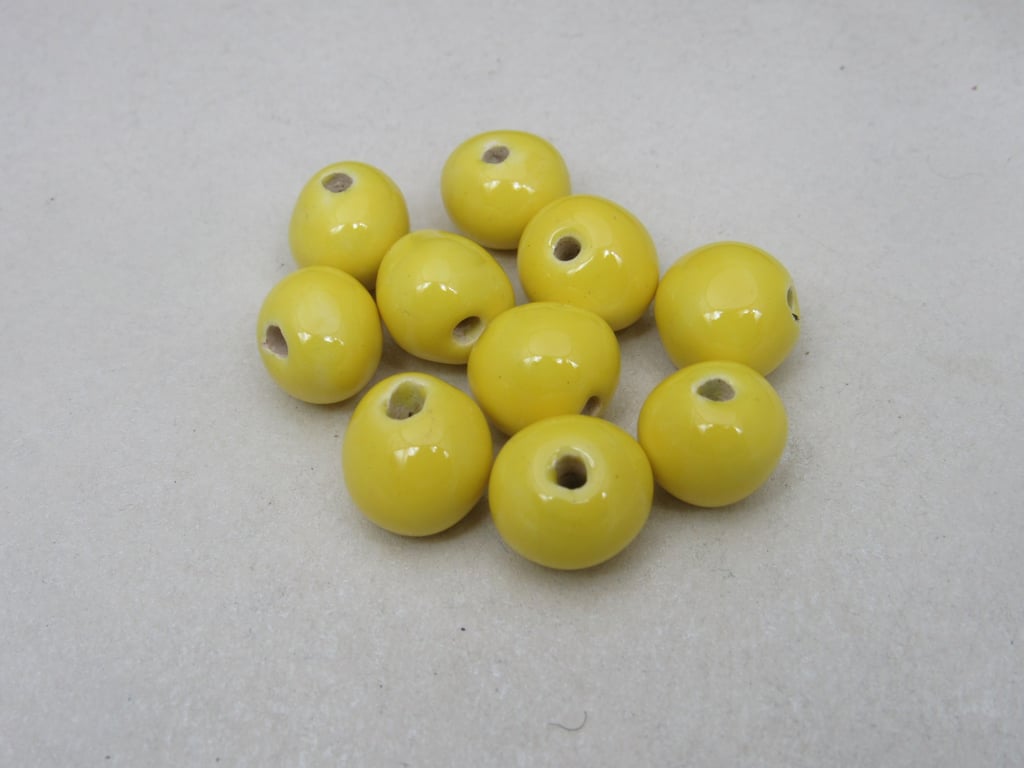 10 Small Lemon Yellow Glazed Clay Beads