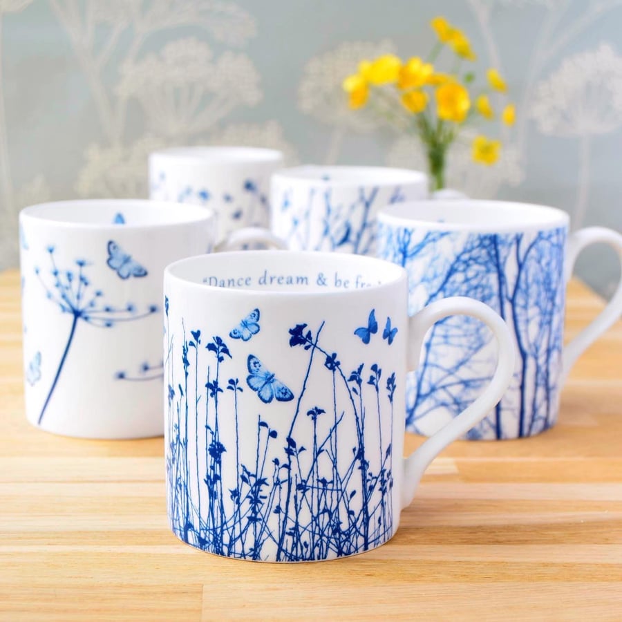Set of 4 fine bone china mugs, blue and white, Nature inspired mugs
