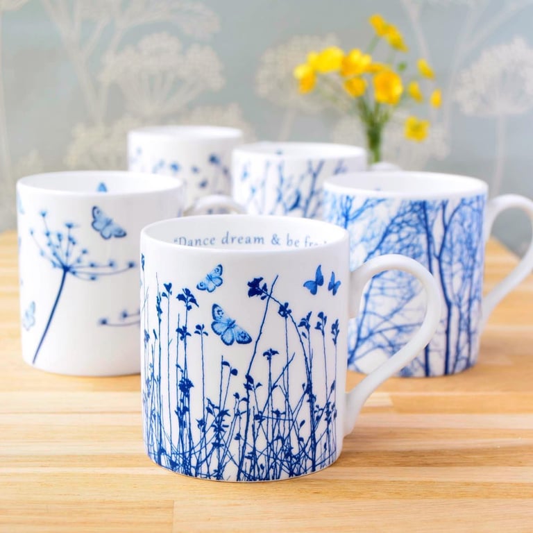 Set of 4 fine bone china mugs, blue and white, Nature inspired mugs