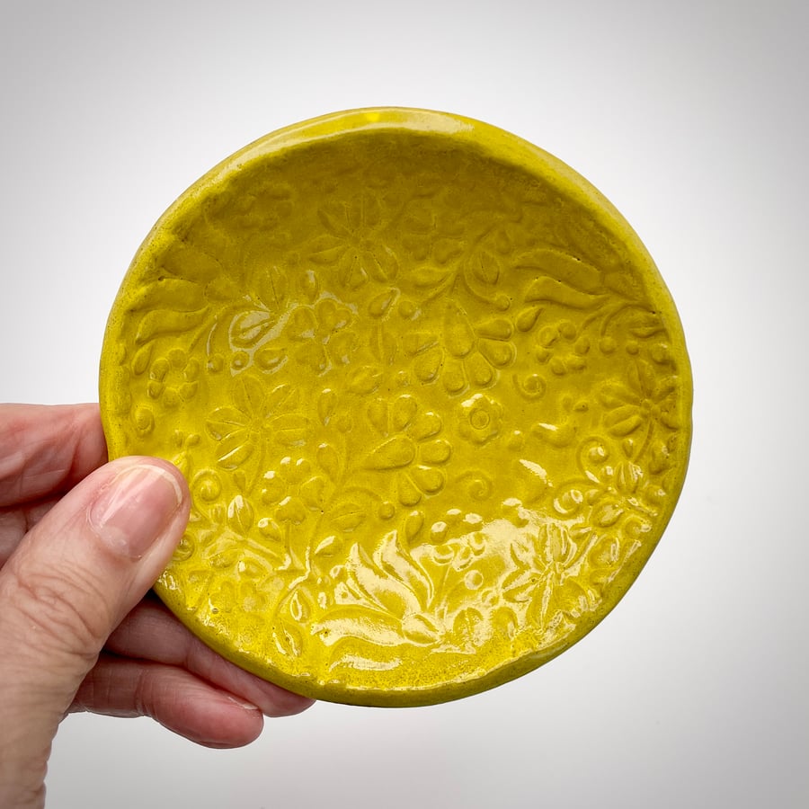NEW! Stoneware yellow trinket dish with embossed botanical design