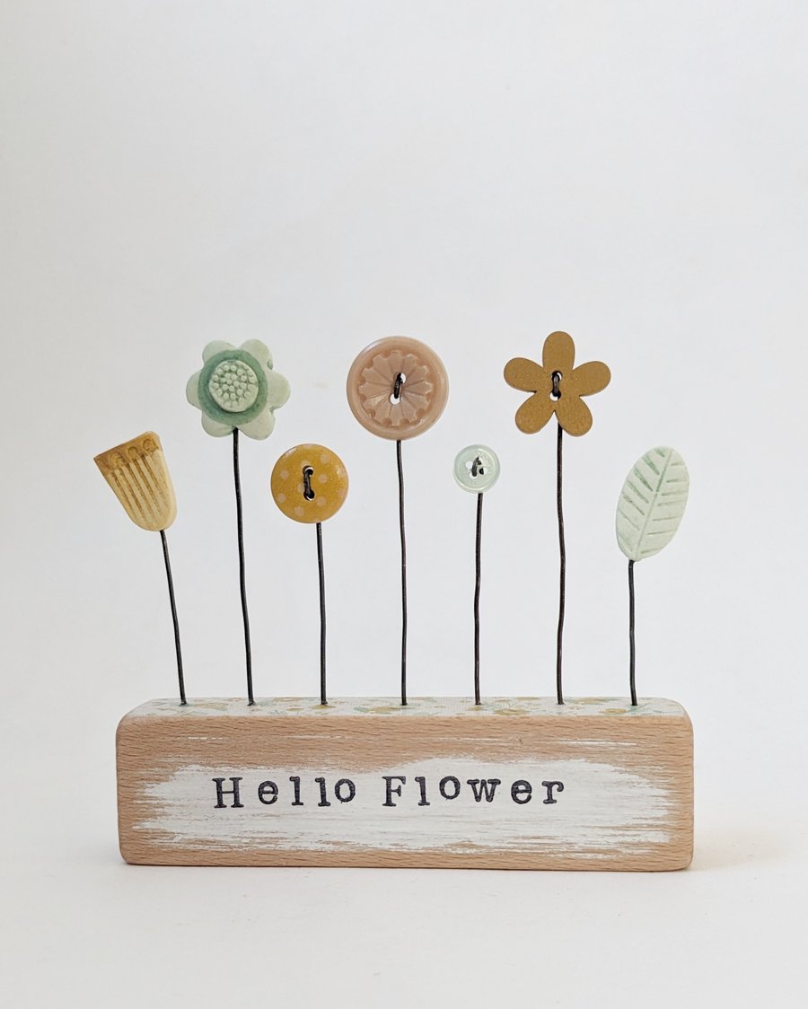 Perfectly Imperfect Clay and Button Flower Garden in a Wood Block 'Hello Flower'