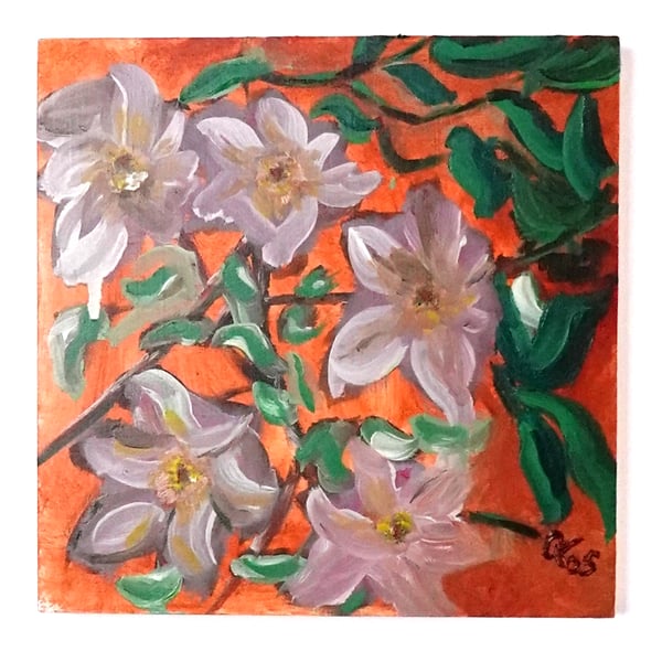Clematis Pink, an original oil painting on wood panel, 8x8 inch, (20x20cm).