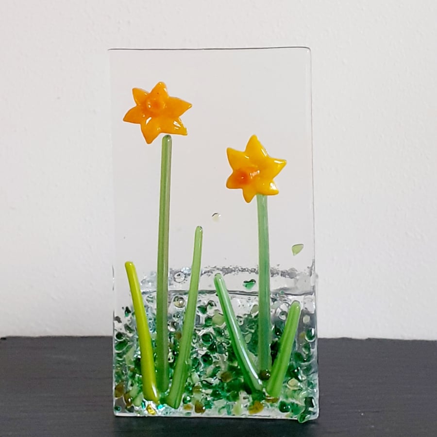 Fused glass tealight candle holder panel, daffodils 2