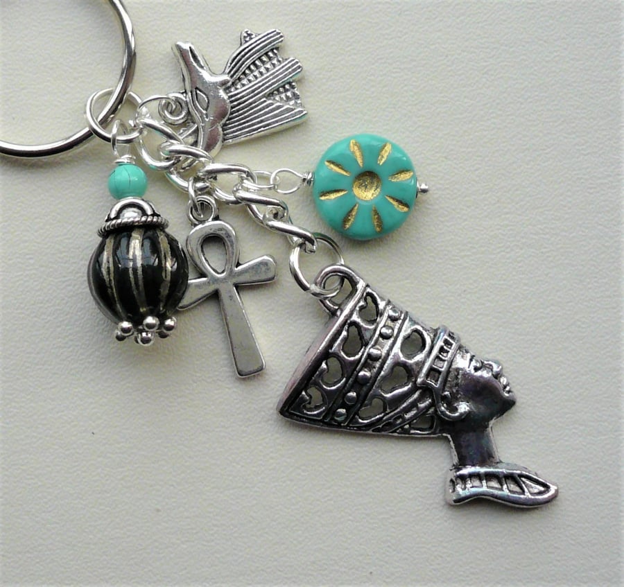 Turquoise and Black Glass Silver Egyptian Themed Keyring   KCJ1888