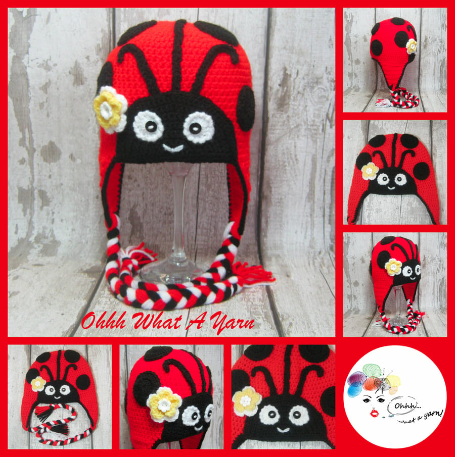 Crochet ladybird, ladybug hat with ear flaps size 2-3 years