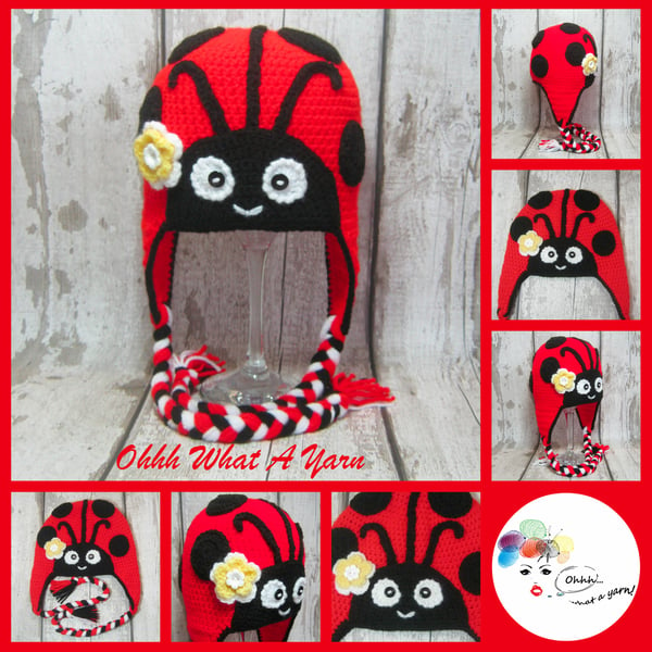 Crochet ladybird, ladybug hat with ear flaps size 2-3 years