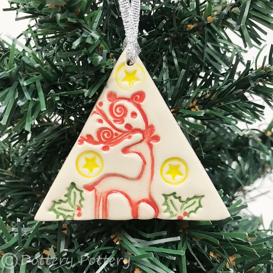Ceramic stag and stars unusual triangle shaped Christmas decoration.