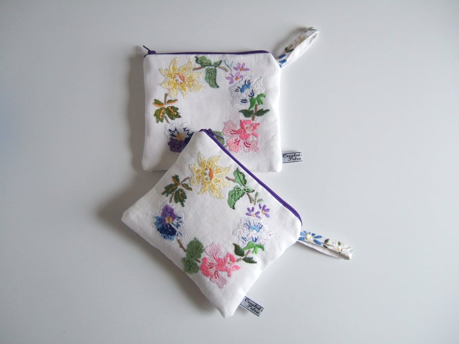 Zip-up make up bag, purse, or cosmetics bag with vintage floral embroidery