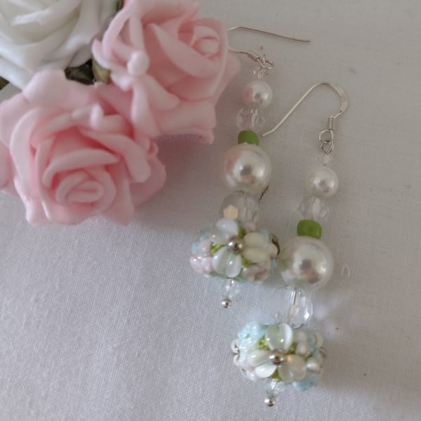Pretty Spring-Green Floral lampwork glass bead earrings 