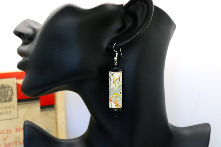 Long paper beaded earrings made of a 1952 OS map of Chester and Liverpool
