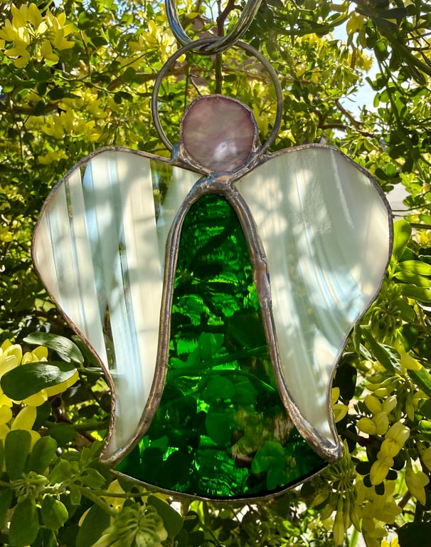 Stained Glass Bell Angel Decoration - Bottle green with feathery white wings