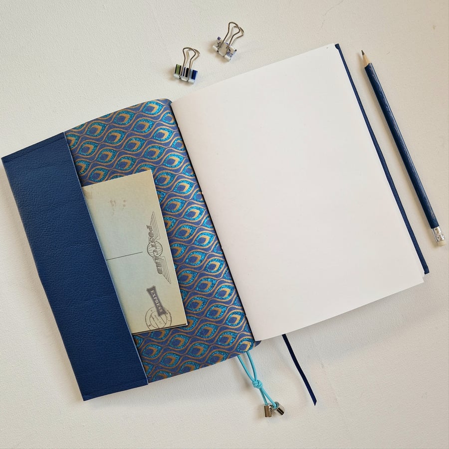 Peacock Feather Blue Leather Journal or Planner with Pockets, student gift