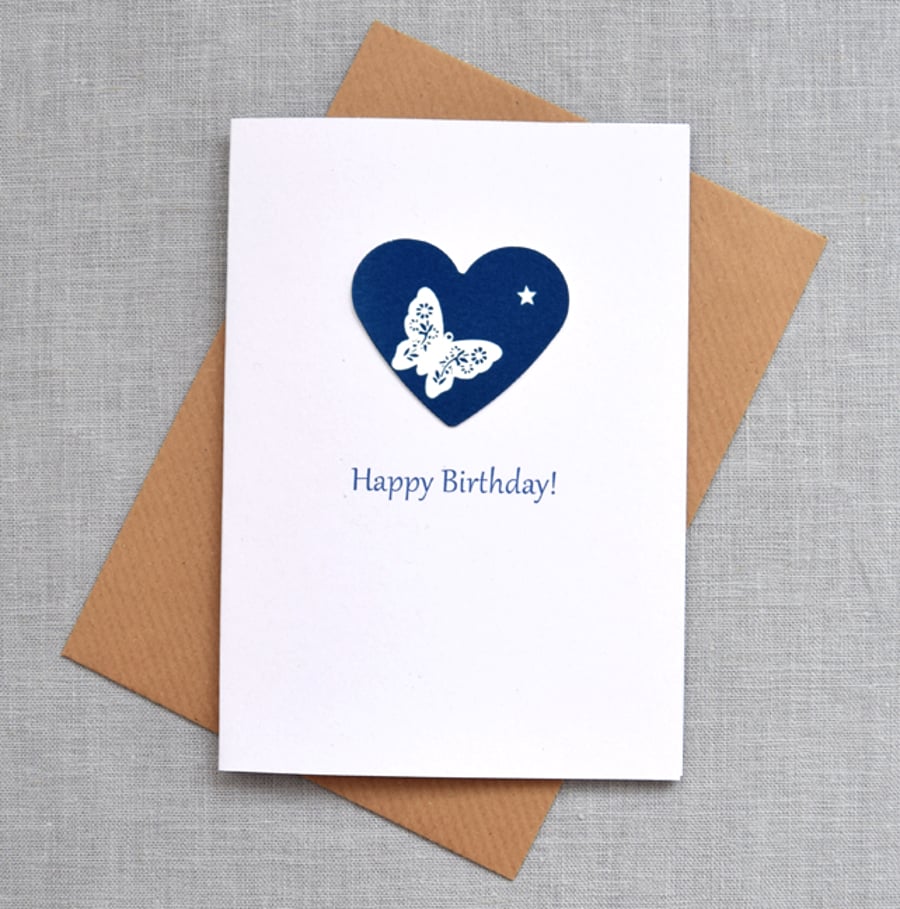 'Happy Birthday' Butterfly & Star Blue Heart Cyanotype Card 