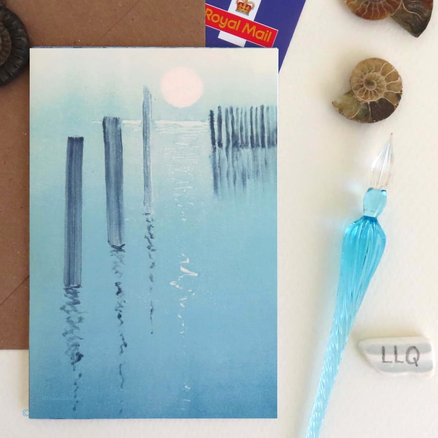 Blank art greeting card ocean and moon reflections cellophane free