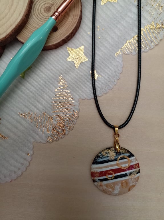 Red and black patterned hand painted wooden necklace 