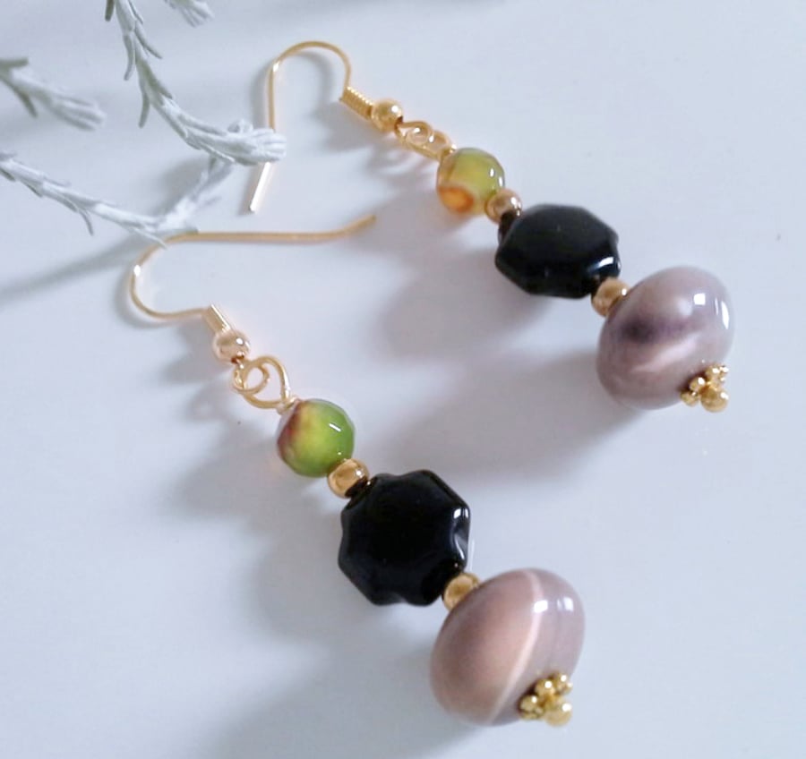 Agate, Mookite, Onyx , Gold Plated Earrings