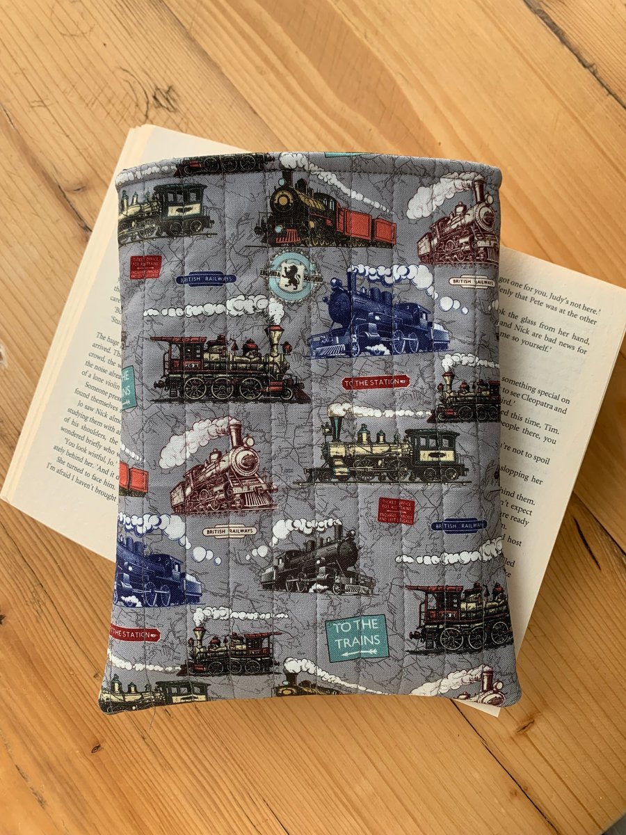 Vintage Trains Print Quilted Fabric Book Sleeve - Paperback Size