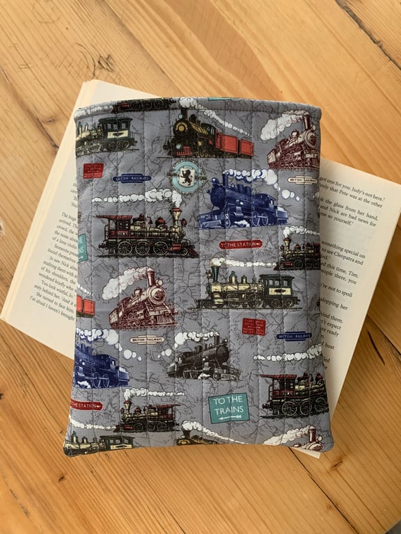 Vintage Trains Print Quilted Fabric Book Sleeve - Paperback Size