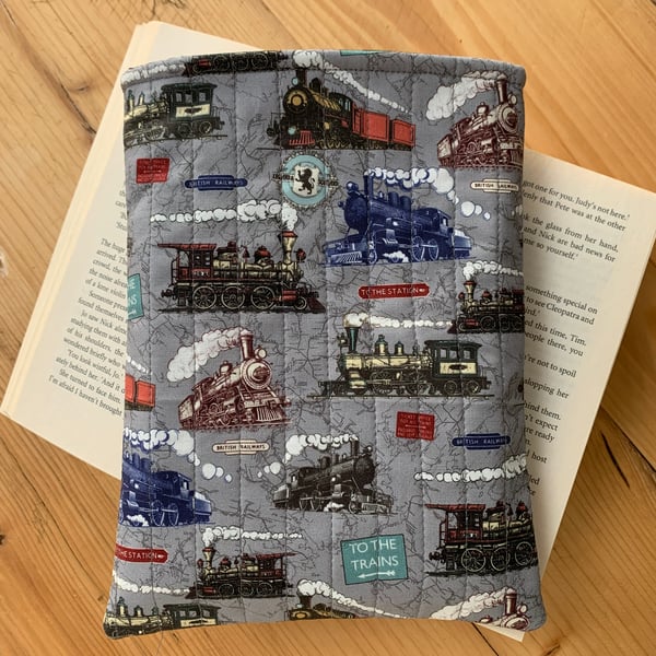 Vintage Trains Print Quilted Fabric Book Sleeve - Paperback Size