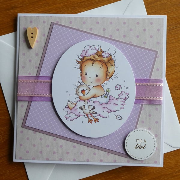 New Baby Girl Card - Baby With Stork